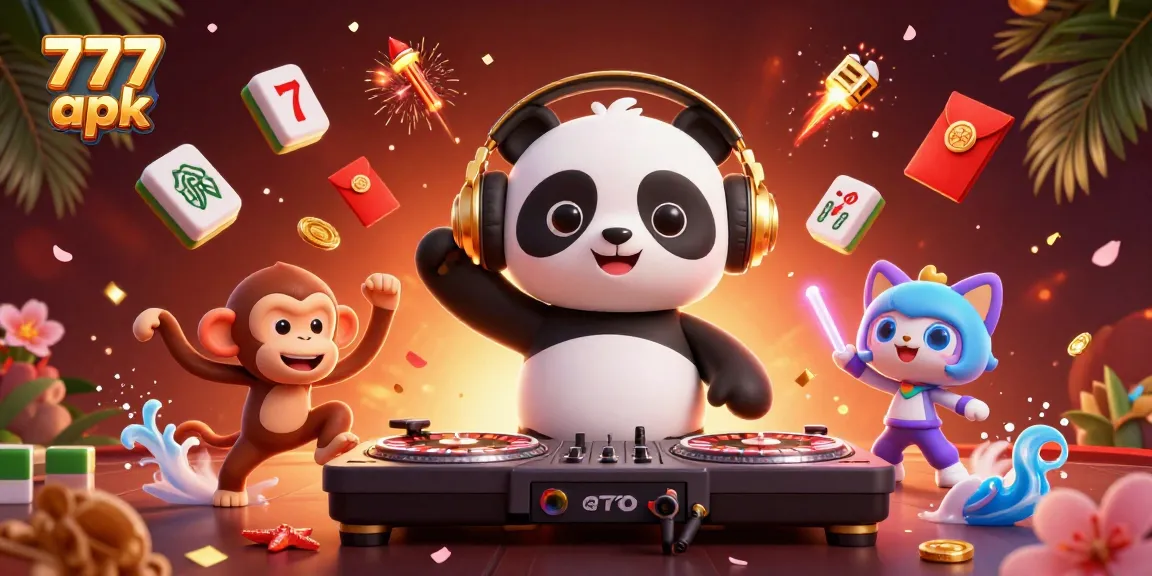 Spin the 777 apk slots with vibrant characters and festive casino elements in a dynamic 3D scene.