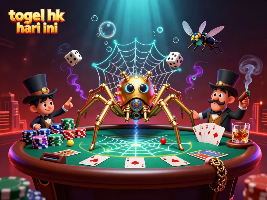 Menangkap angka togel hk hari ini di jaring laba-laba mewah dengan elemen kasino yang penuh warna.