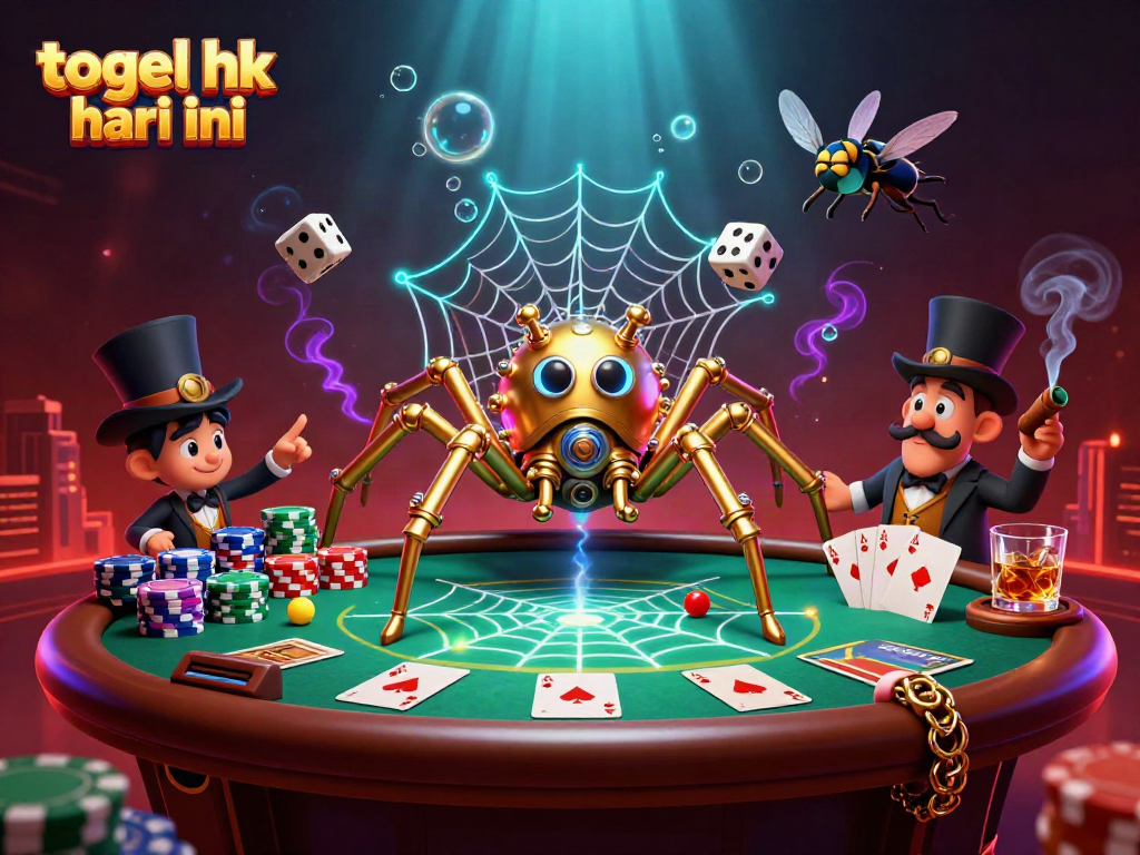 Menangkap angka togel hk hari ini di jaring laba-laba mewah dengan elemen kasino yang penuh warna.