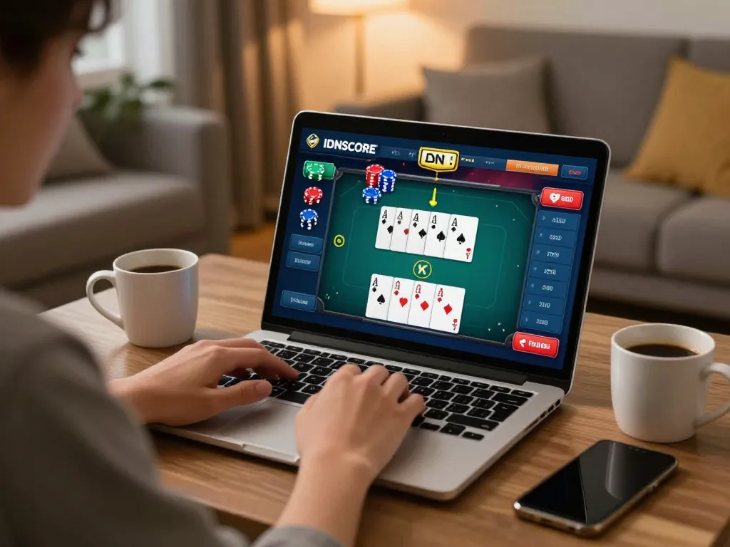 IDNSCORE online poker gameplay with player focusing on strategy and decision-making in a comfortable setting.