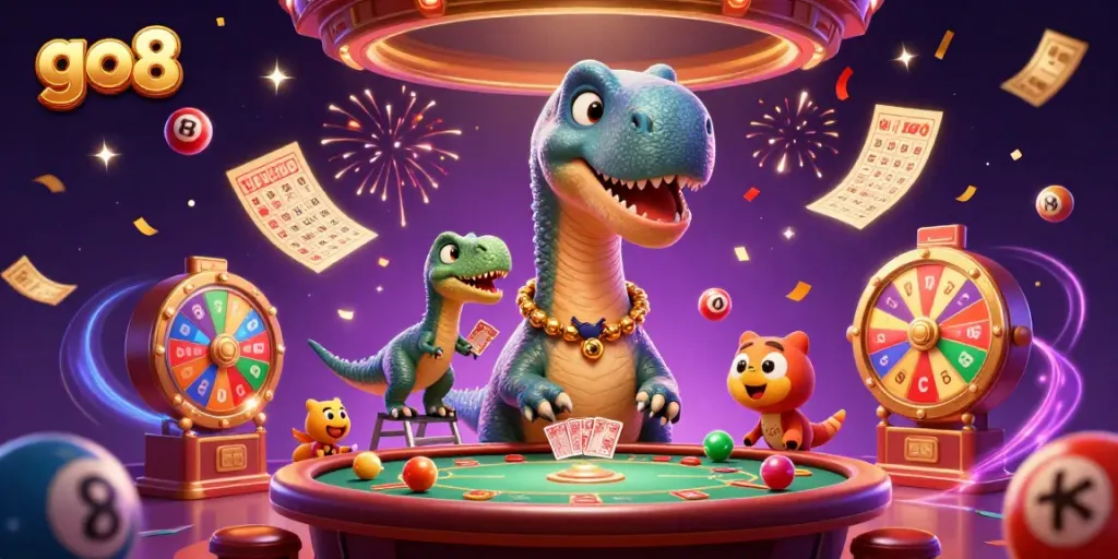 Experience the vibrant atmosphere of go8 with entertaining game elements and dynamic characters in a lively casino.