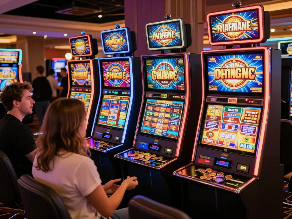 Experience the excitement of slot gacor wins at a lively casino with colorful machines.