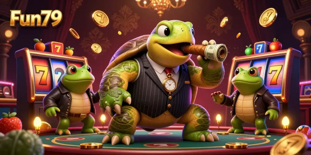 Experience Fun79 with an engaging 3D scene featuring colorful slot symbols and vibrant characters in a lively casino atmosphere.