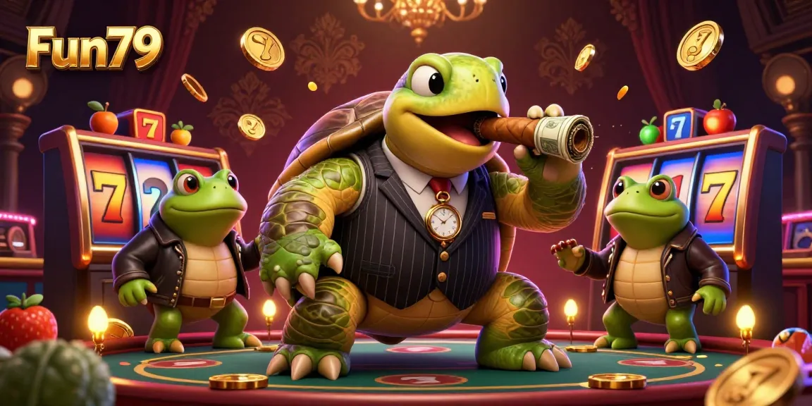 Experience Fun79 with an engaging 3D scene featuring colorful slot symbols and vibrant characters in a lively casino atmosphere.