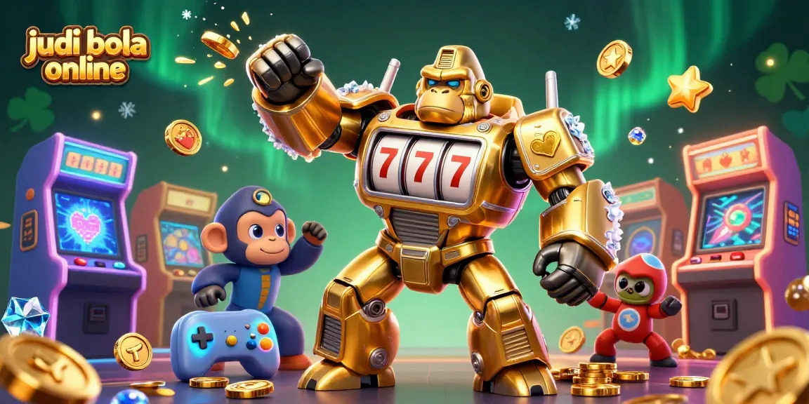 Engage in judi bola online with a vibrant 3D scene featuring a golden gorilla mech and dynamic gaming elements.