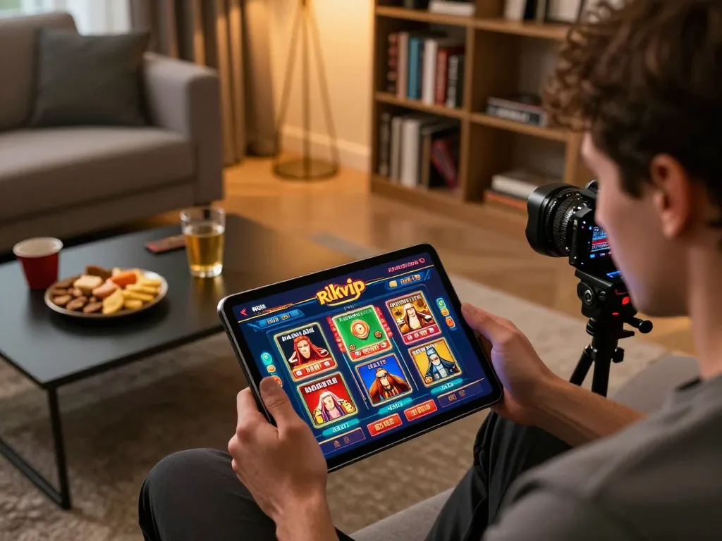 Player navigating the rikvip app in a cozy home setup, showcasing engaging online gambling.