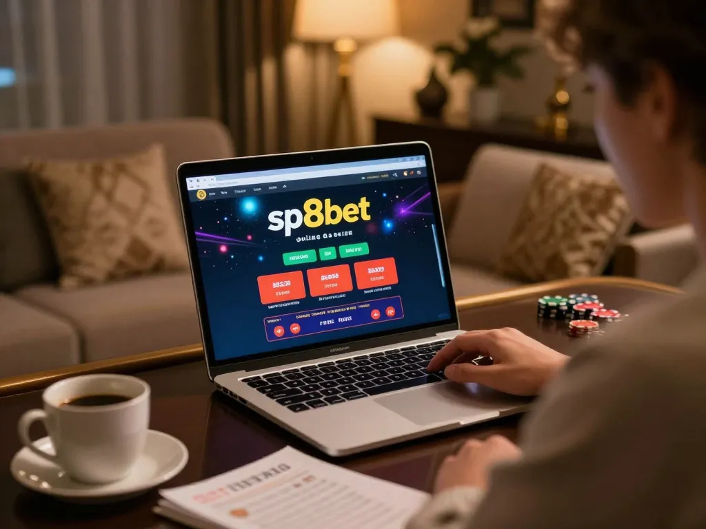 Person engaging with sp8bet online casino on laptop, showcasing casual home gaming environment with strategy notes.