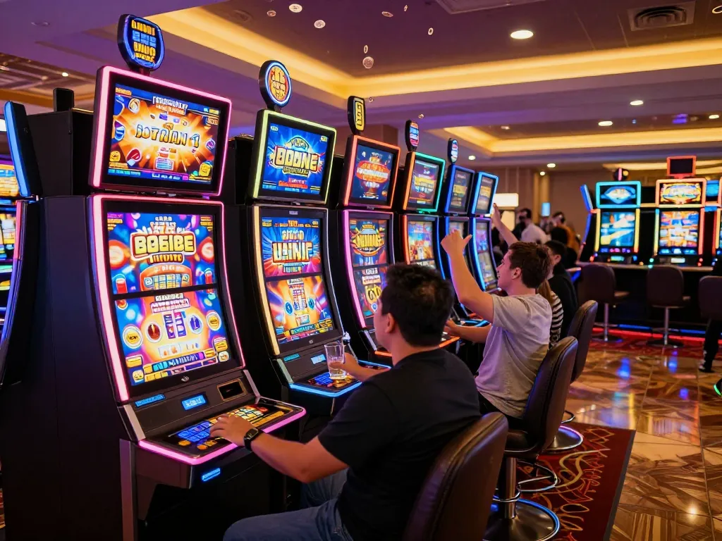 Engaged players winning at colorful slot machines in an exciting 88CLUB casino atmosphere.