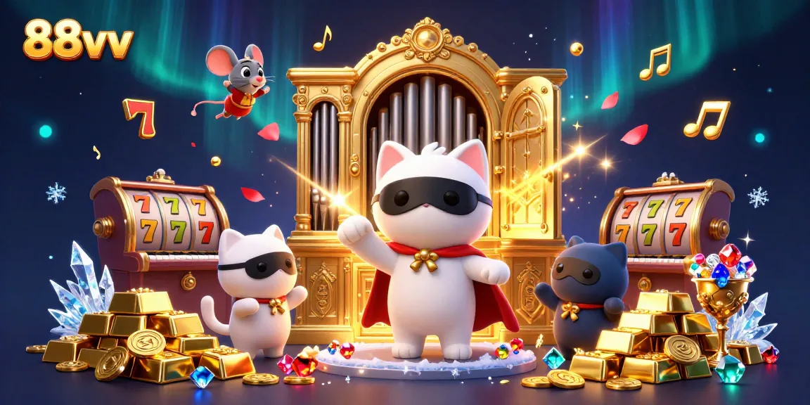 88vv action-packed casino illustration with a phantom cat and treasure elements.