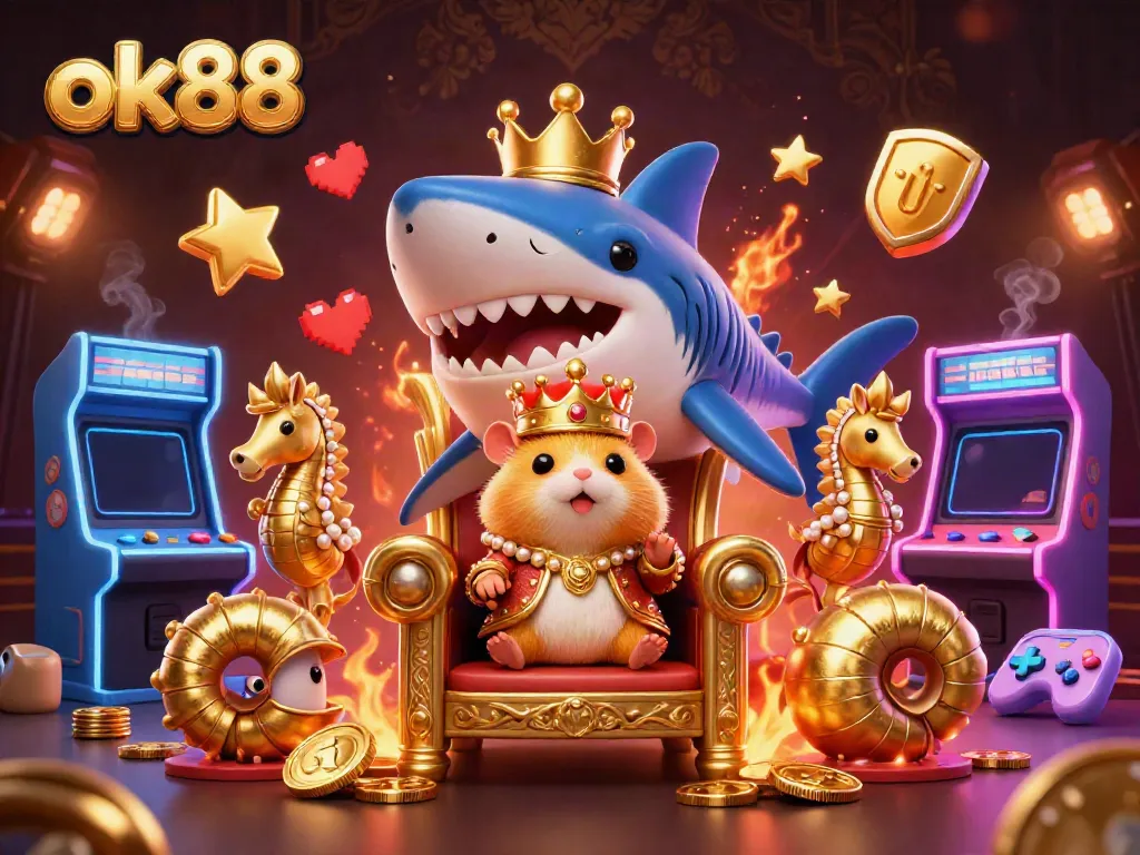 Experience maxwin excitement at ok88 with a royal hamster king commanding a gaming arena.