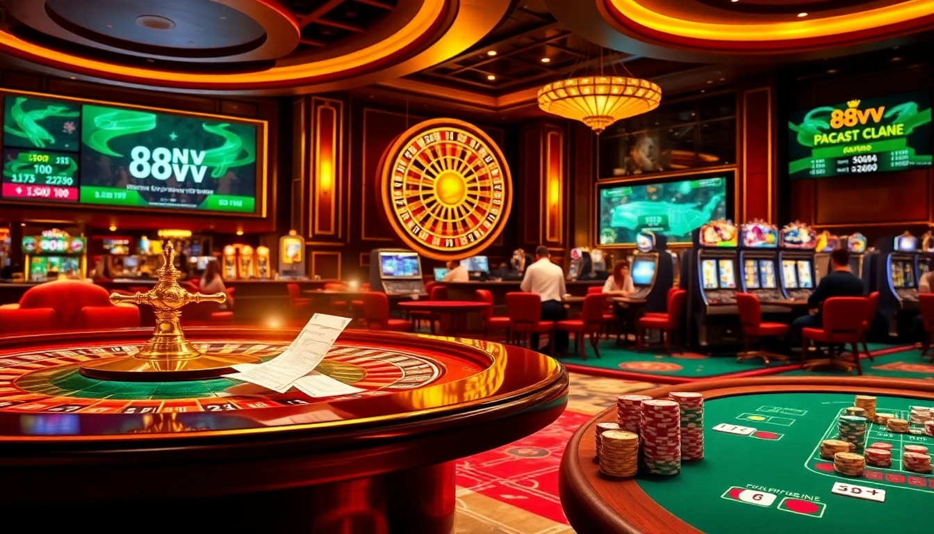 Experience a thrilling casino atmosphere with 88vv, featuring poker tables, roulette, and vibrant gaming visuals.