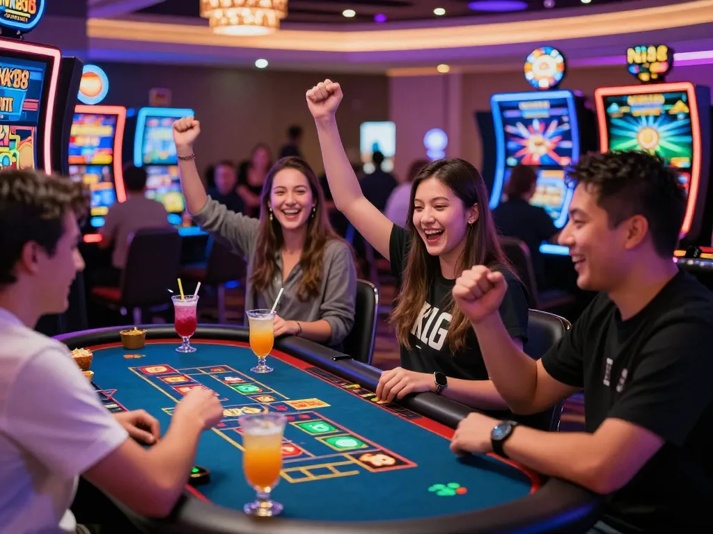 Energetic players at NK88 casino table celebrating wins with lively atmosphere