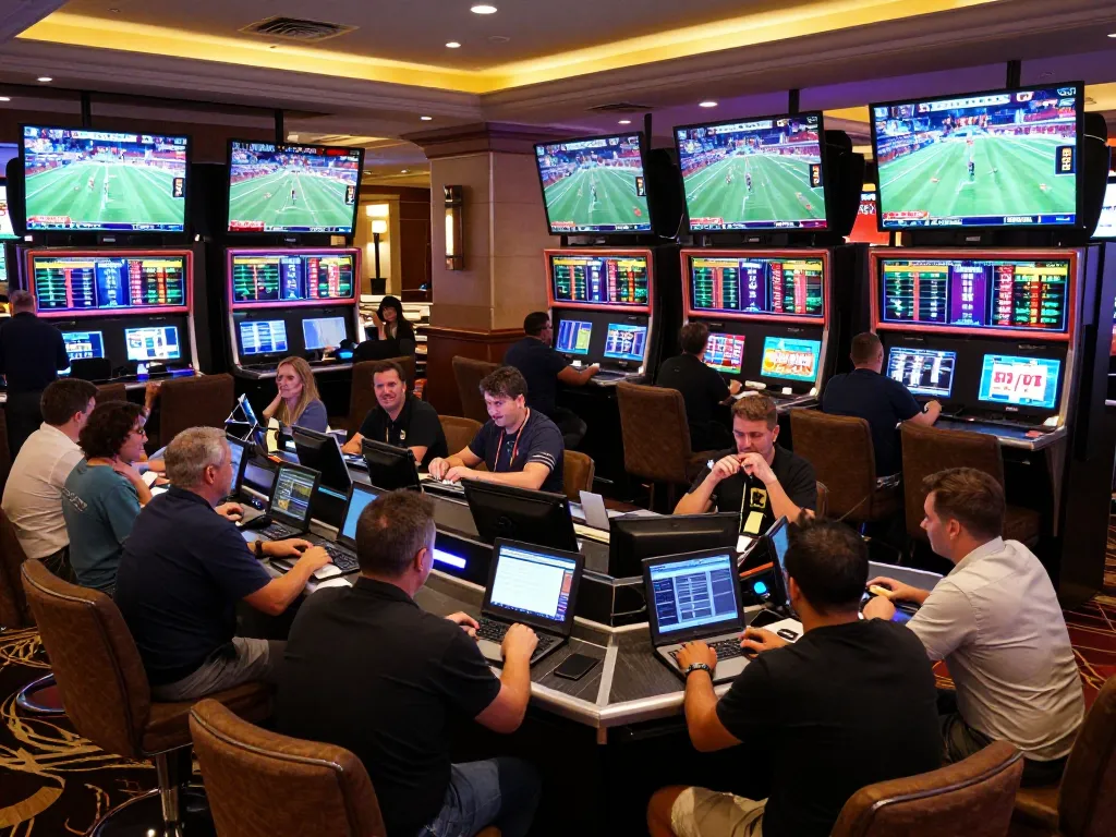KQBD sports betting enthusiasts placing wagers and engaging with live screens in a luxurious casino environment