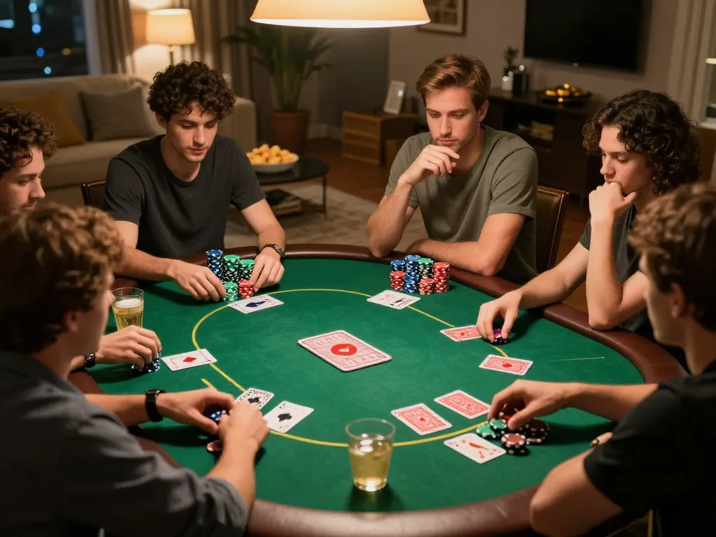 Friends enjoying poker night with fabet strategy chips and cards on a green felt table