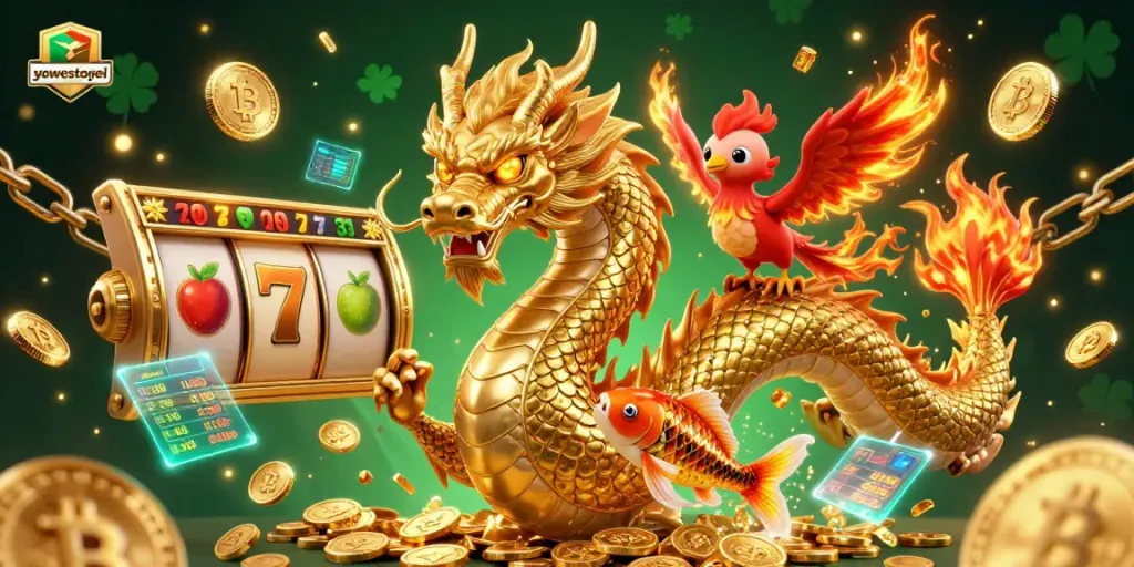 Experience the thrill of yowestogel with a dragon, phoenix, and coins in a vibrant casino scene.