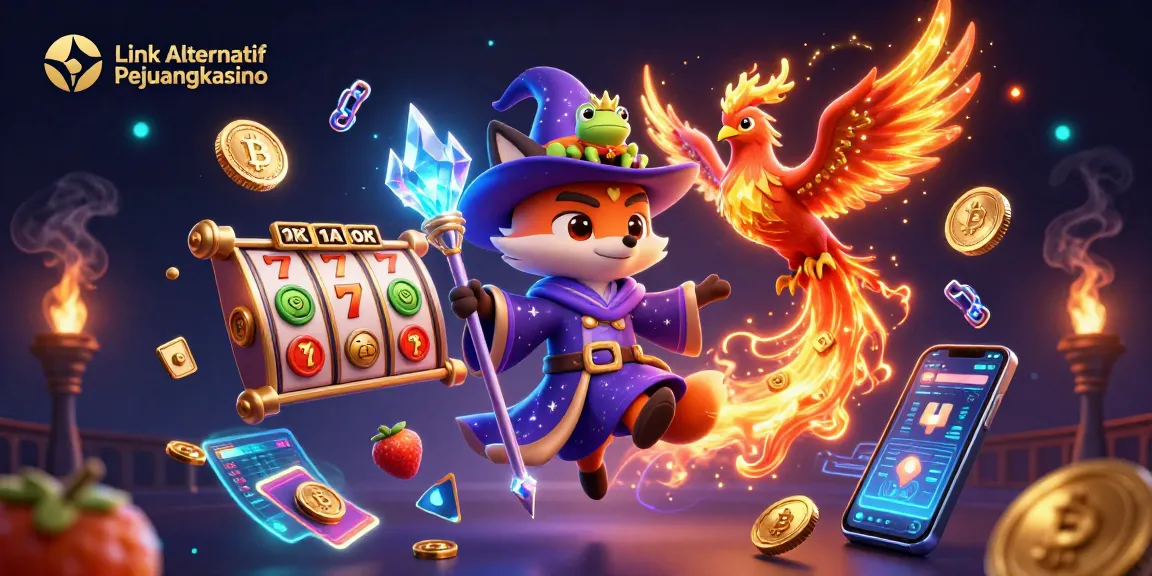 Mainkan permainan menarik di Link Alternatif Pejuangkasino dengan gulungan slot yang berwarna-warni dan elemen cryptocurrency.