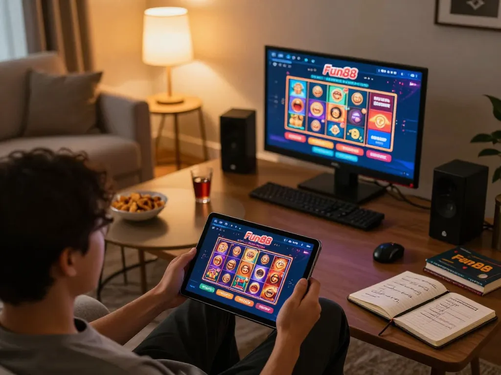 Engaging gameplay on the Fun88 app screen during a cozy home gaming session.