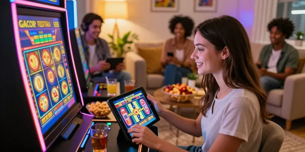 Excited player enjoying slot gacor games on a tablet in a cozy living room.
