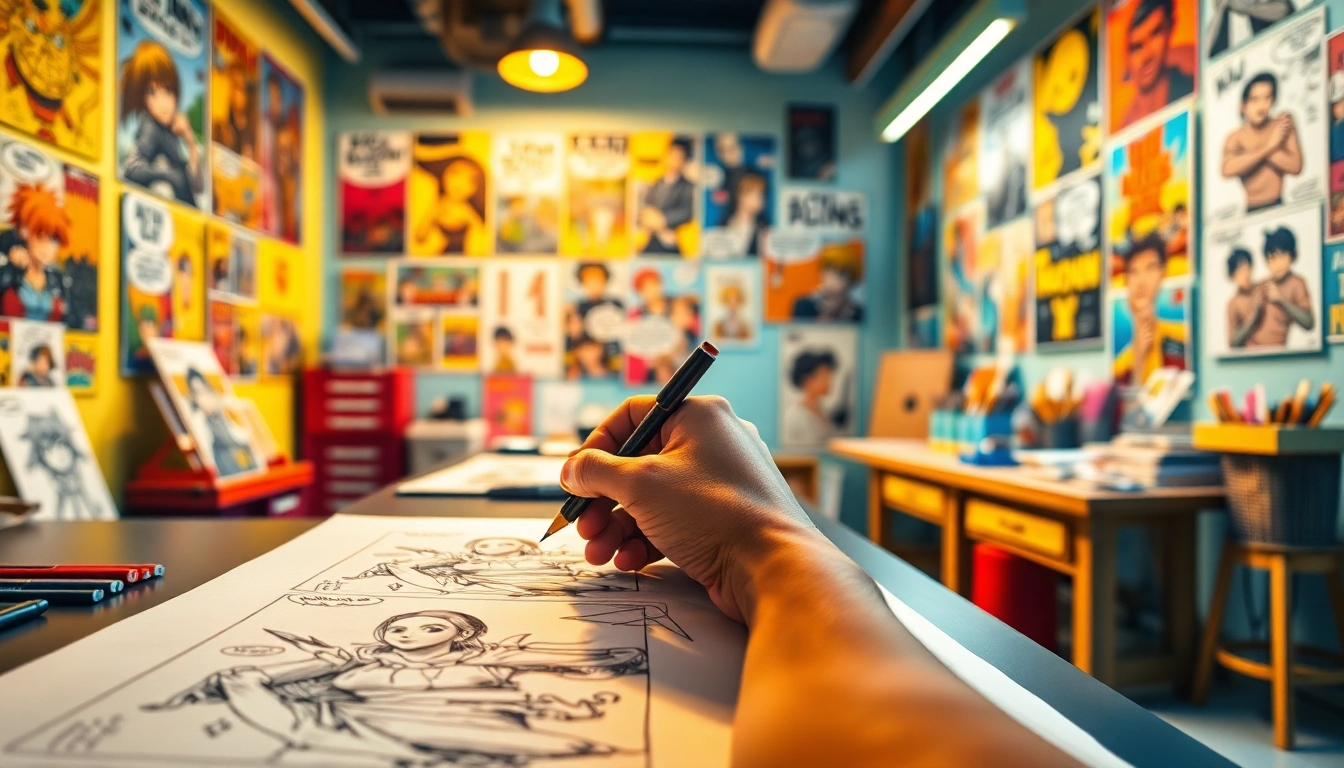 Gambar karakter shinigami yang sedang digambar oleh seniman komik di studio yang penuh warna.
