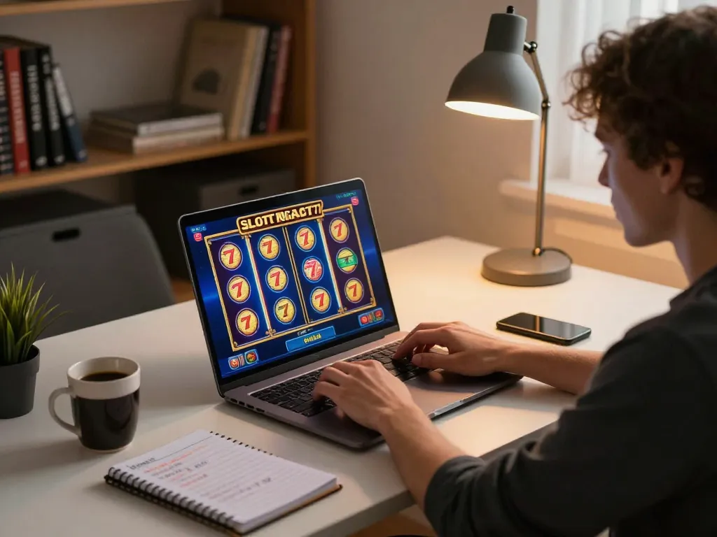 SLOT GACOR 777 gameplay on a laptop, showcasing vibrant reels during an online gaming session at home.