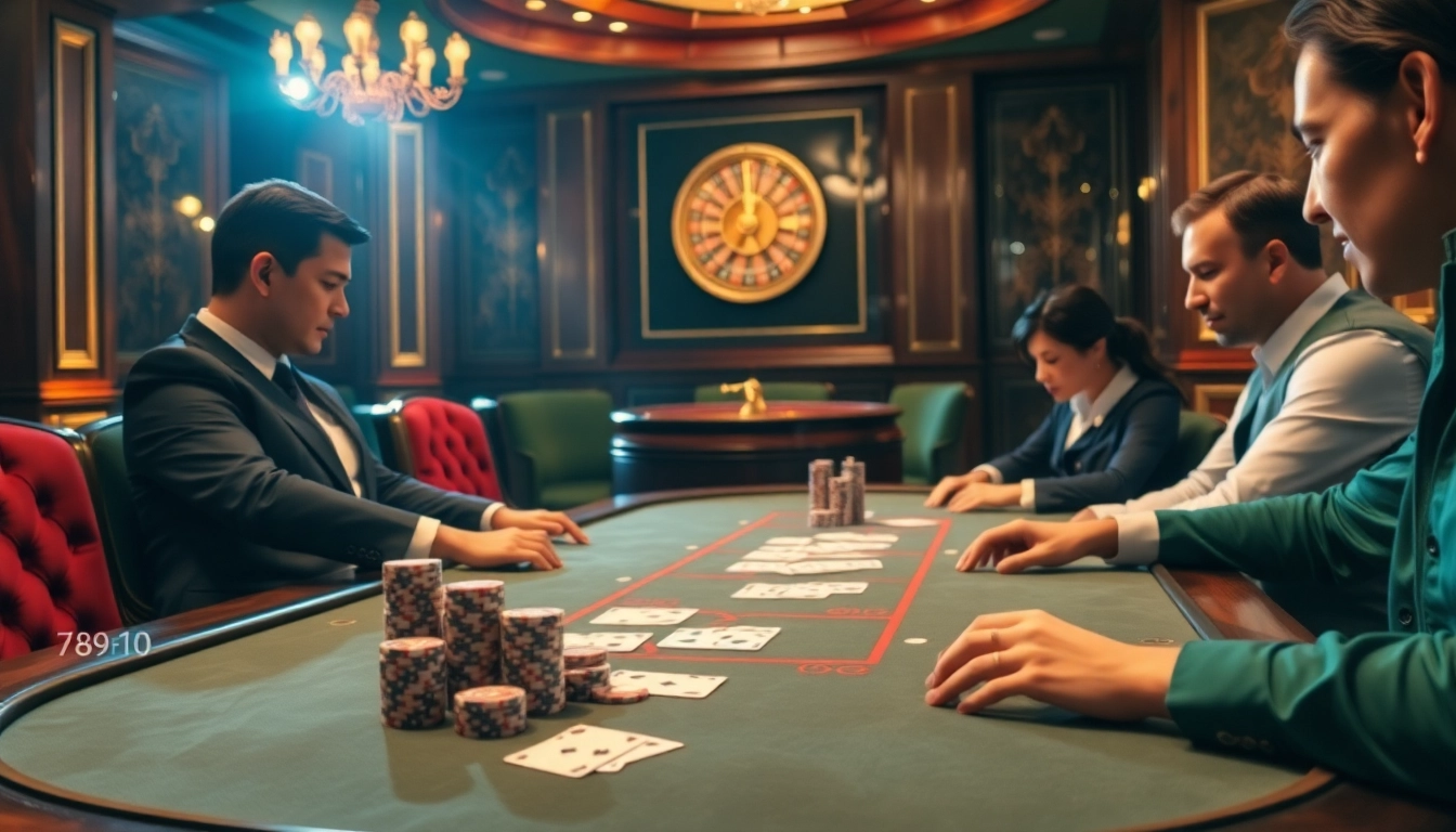 A thrilling poker game at a luxurious casino, capturing the essence of winning strategies with 789f10 theme.
