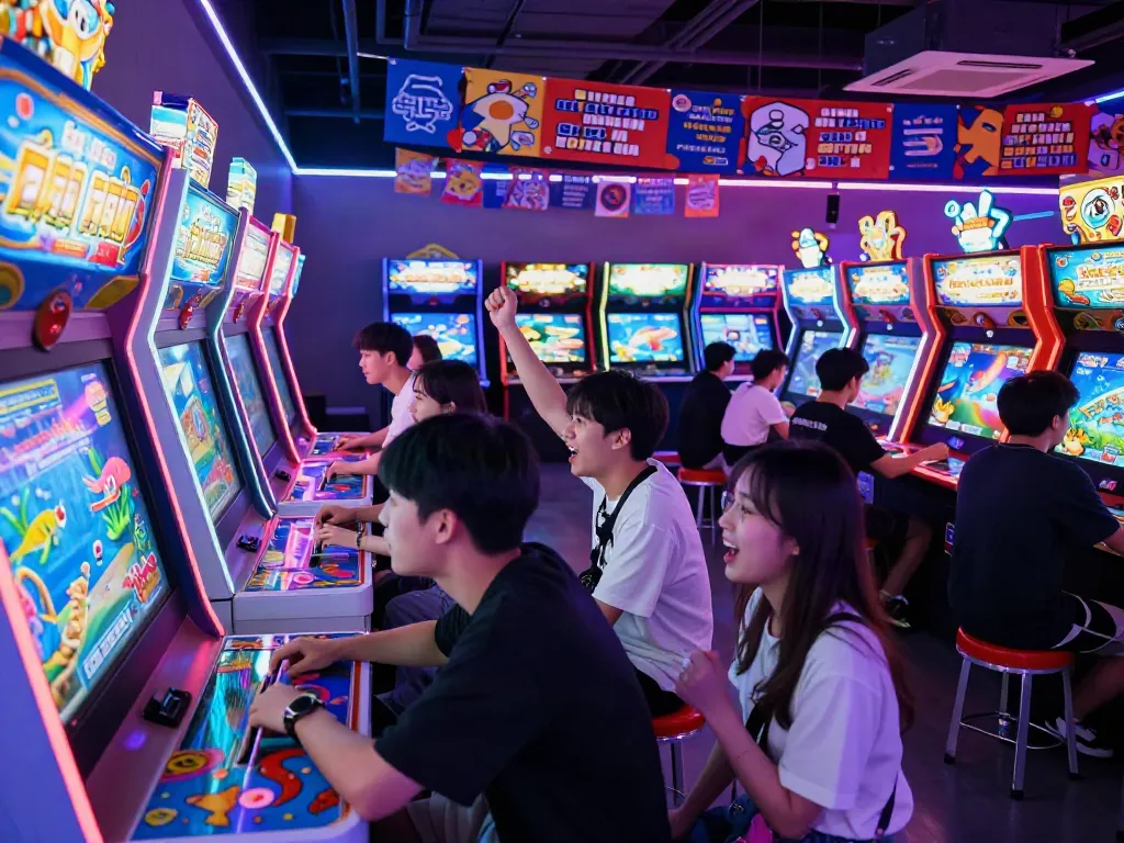Exciting atmosphere of a gaming arcade where players engage in lại là Bắn cá đổi thưởng amidst colorful lights and interactive machines.