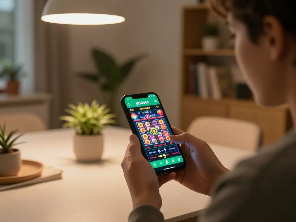 Gtatoto player engaging with casino app in a cozy home, showcasing live slot game excitement.