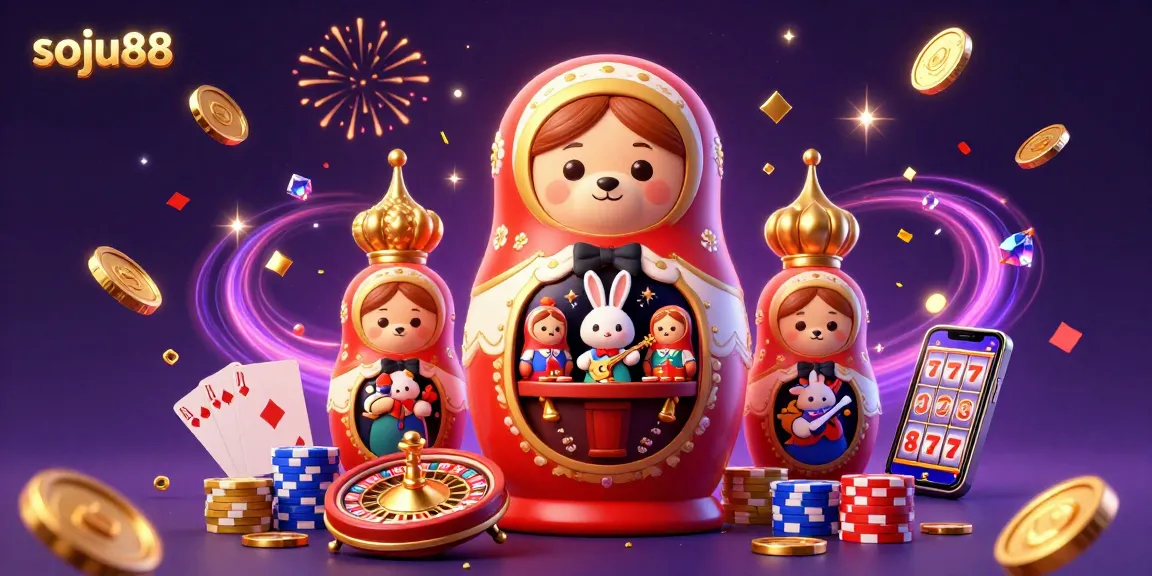 Experience the thrill of soju88 with 3D Matryoshka bears and casino elements, capturing winning moments in style.