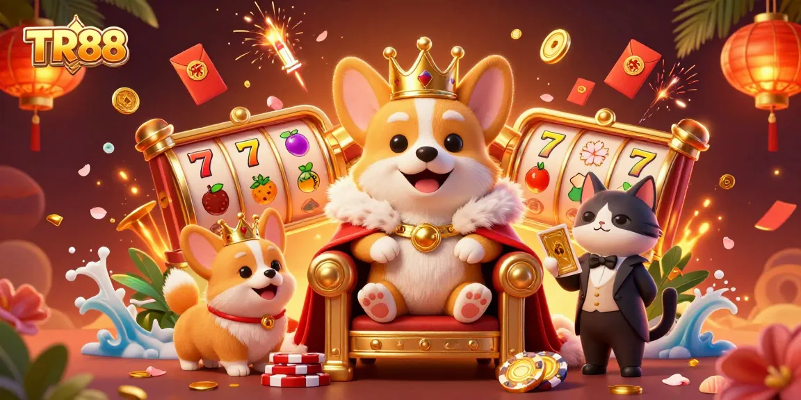 TR88 corgi king oversees a vibrant casino scene with slots, golden cards, and joyful elements.