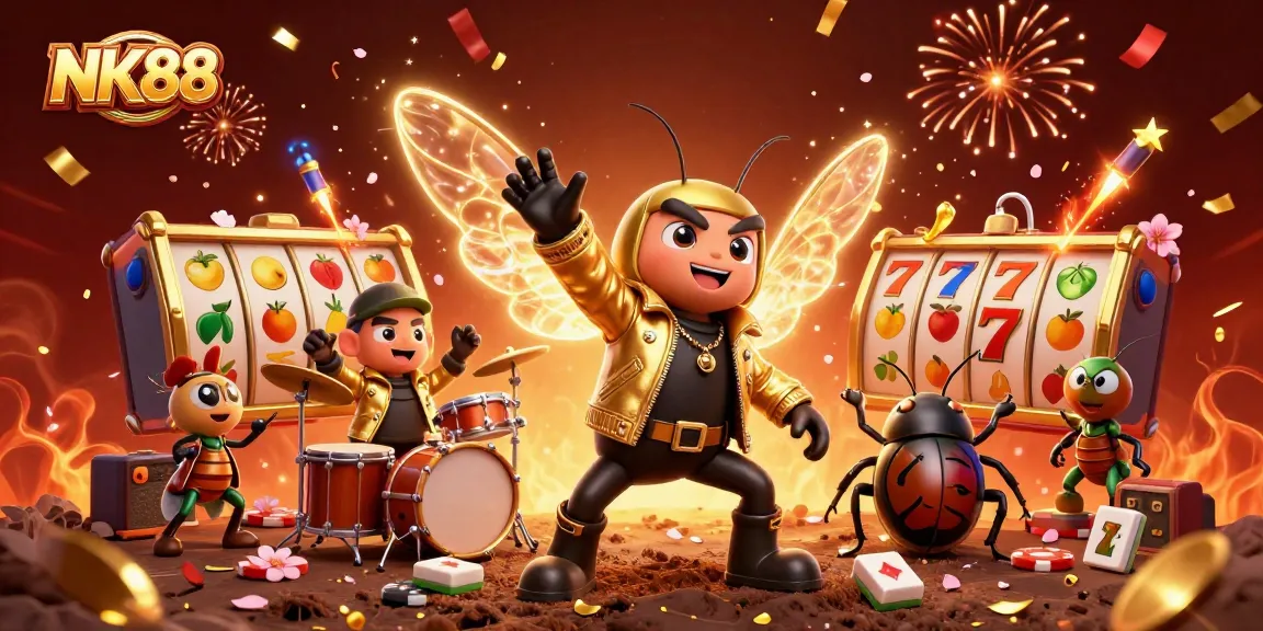 Engage with the energetic NK88 casino scene featuring vibrant characters and dynamic gaming elements.