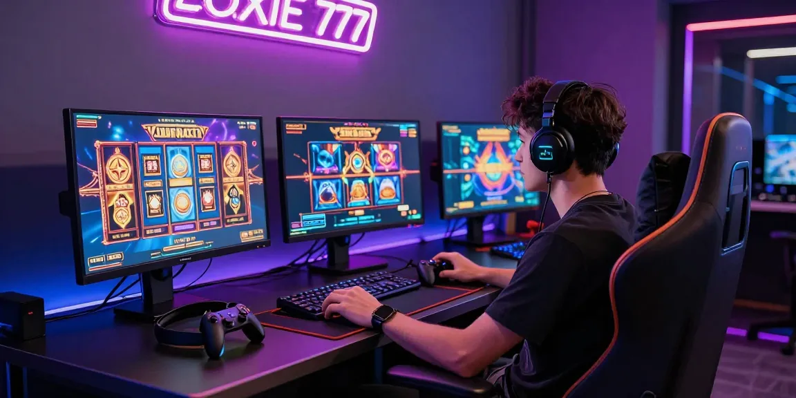 Pemain LUXURY777 dalam lingkungan gaming mewah dengan monitor menampilkan permainan slot terbaik.