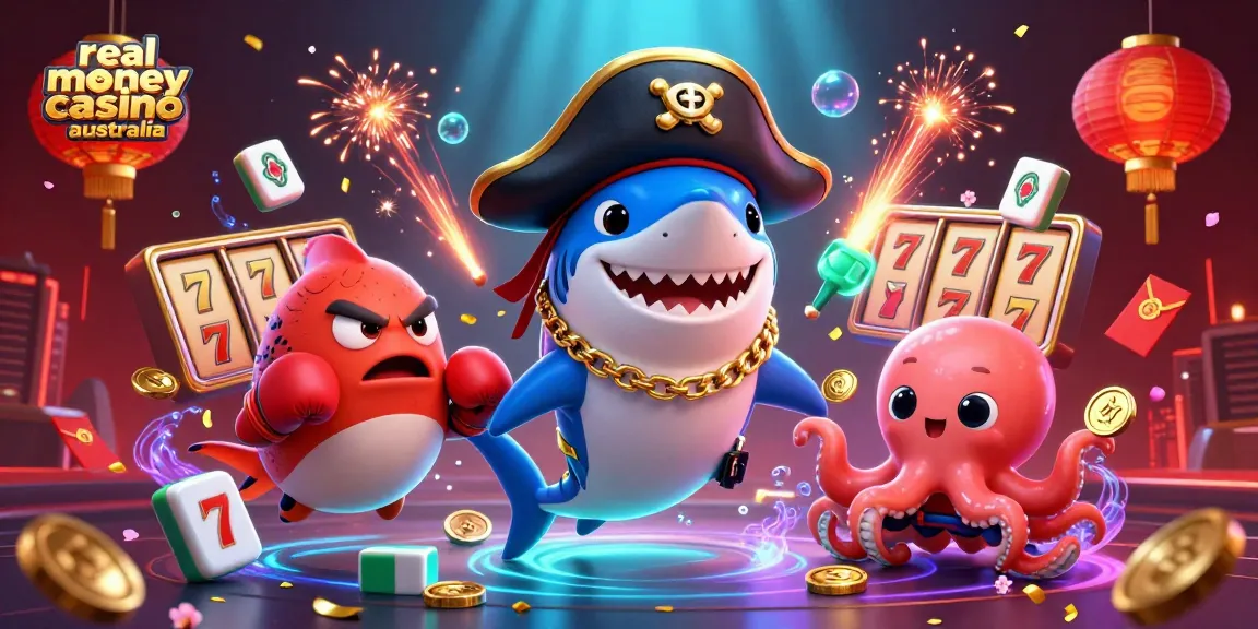 Engaging scene depicting characters promoting real money casino australia, featuring a pirate shark, pufferfish, and octopus.