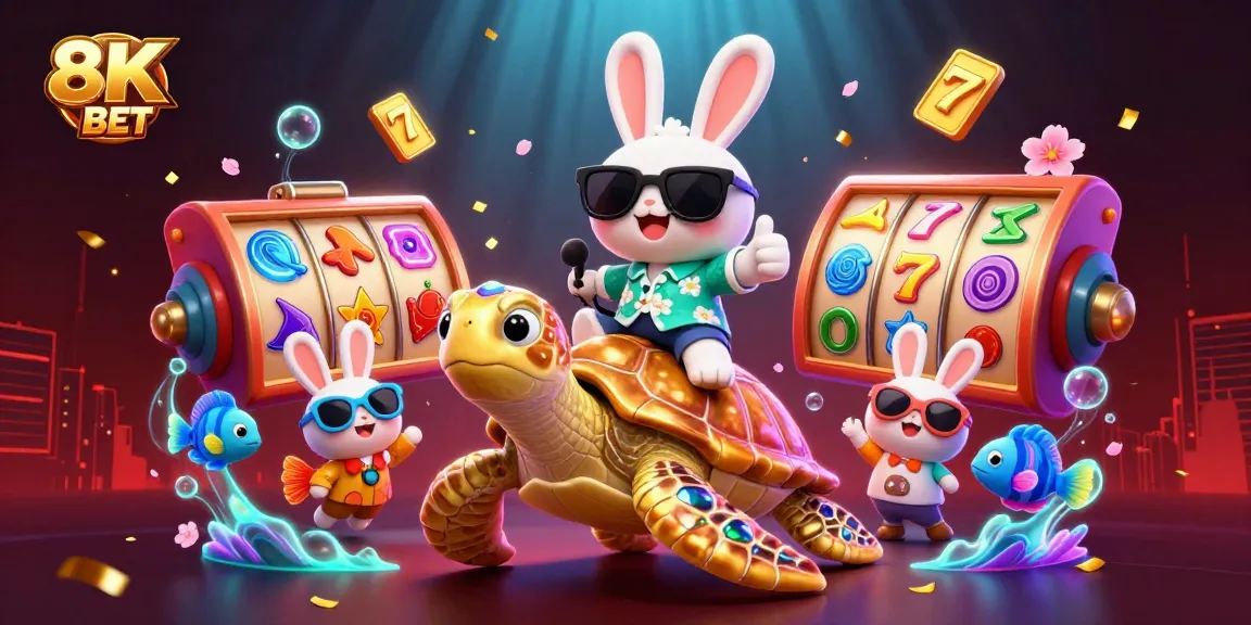 Engage with 8K BET in a vibrant slot gaming adventure featuring a lucky rabbit and golden sea turtle.