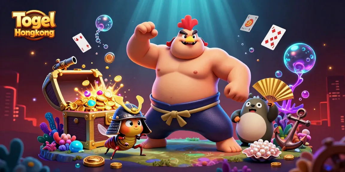 Togel Hongkong winning scene featuring a powerful sumo wrestler, samurai cricket, and announcer with colorful casino elements.