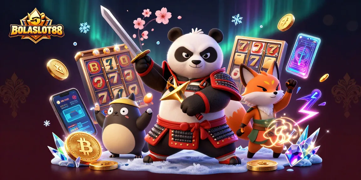 BOLASLOT88 menyajikan ilustrasi kasino menarik dengan panda samurai, rubah ninja, dan tanuki magis.