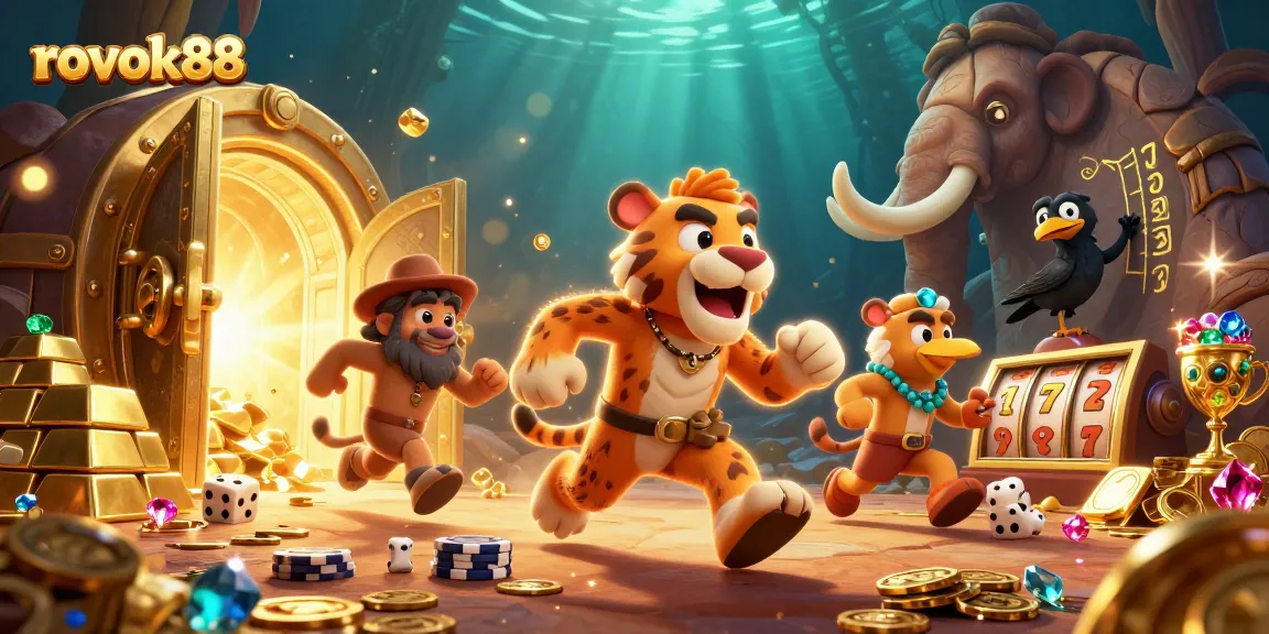 Experience thrilling action at rokok88's prehistoric casino featuring vibrant characters and golden treasures.