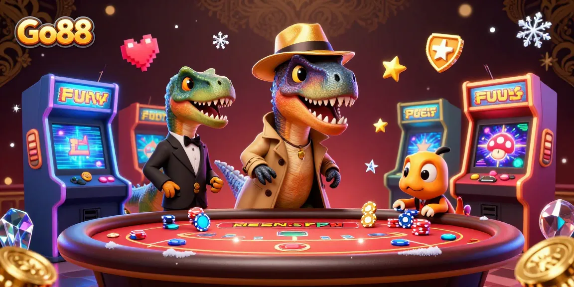 Experience thrilling gameplay at Go88 with cartoon dinosaurs engaging in exciting casino activities.