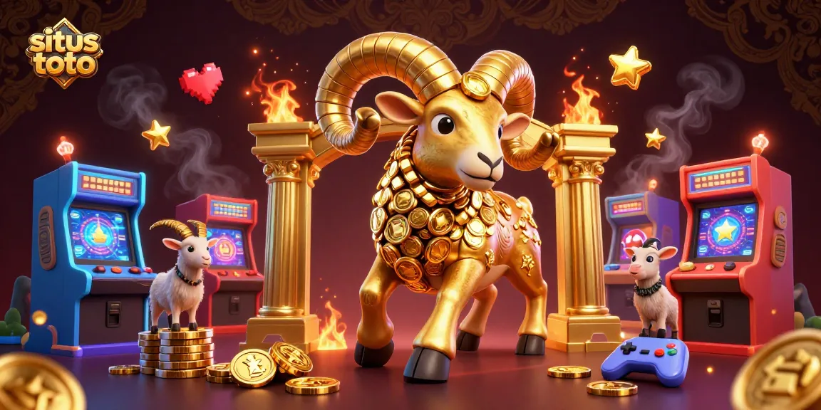 Permainan situs toto dengan ram emas besar dalam pose berlari, dikelilingi mesin arcade 3D cerah.
