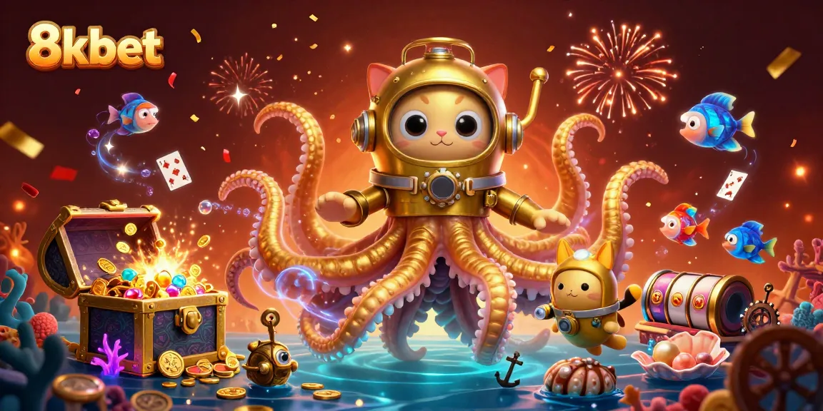 Join the excitement at 8kbet with a kraken and diving cat amidst exploding treasures and gaming fun.