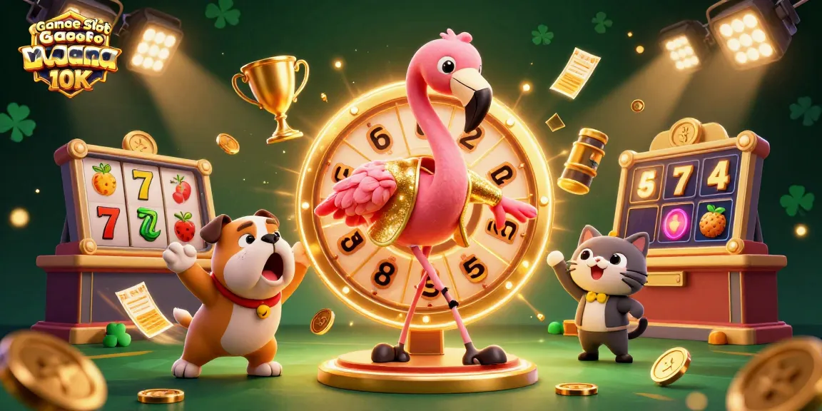 Engage in Game Slot Gacor Via Dana 10K with action-packed cartoon scene featuring spin rewards and lively characters.