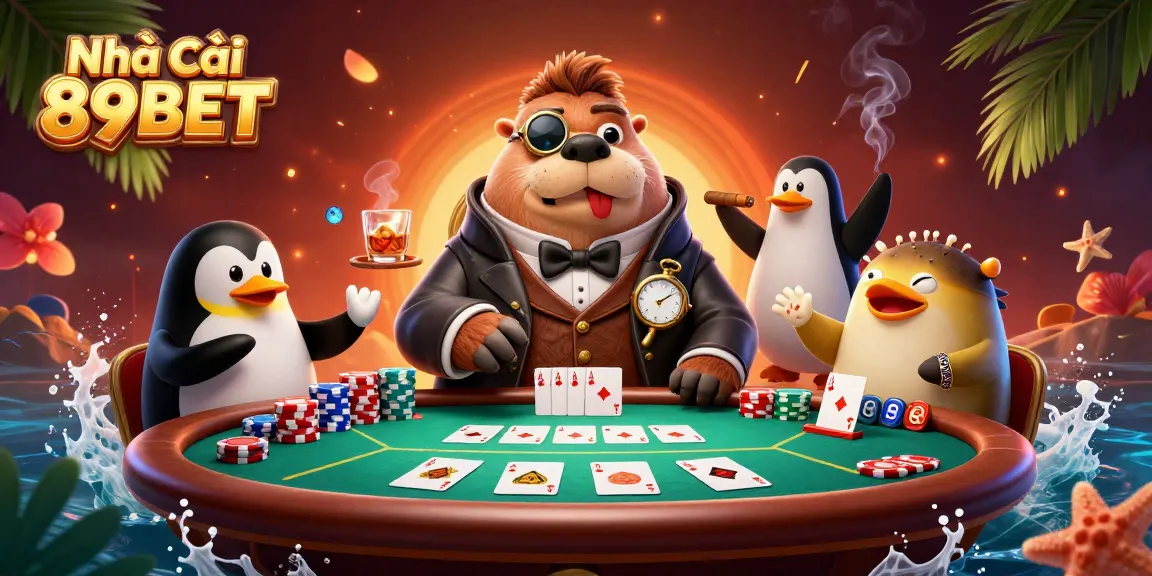 Engage in thrilling poker action at Nhà cái 89BET's vibrant underwater table, featuring unique characters.
