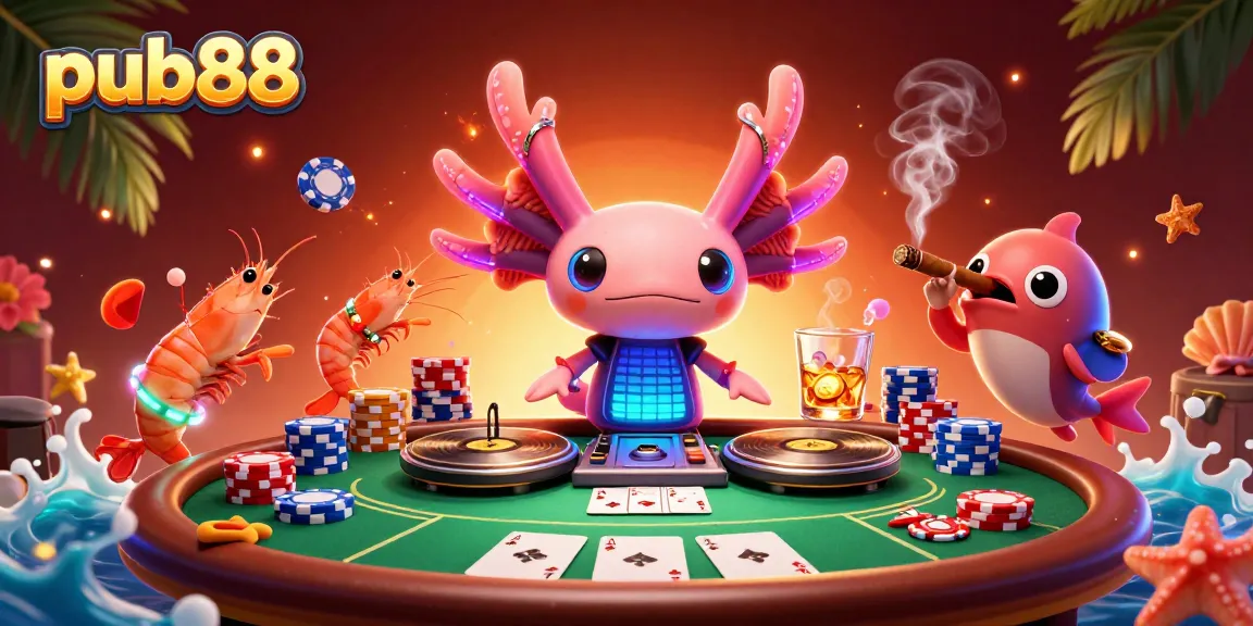Experience thrilling gaming at pub88 with vibrant axolotl DJ, dancing shrimp, and poker elements.