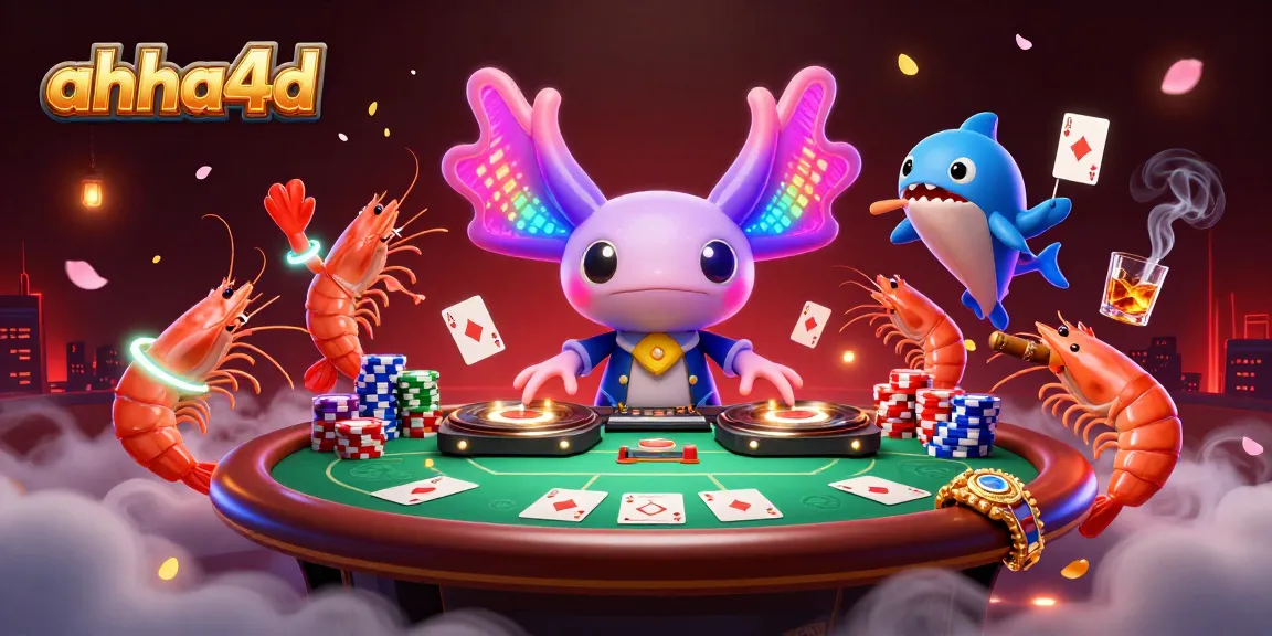 Join the fun at ahha4d as a neon axolotl DJ sets the vibe for poker, spinning records and winning big!
