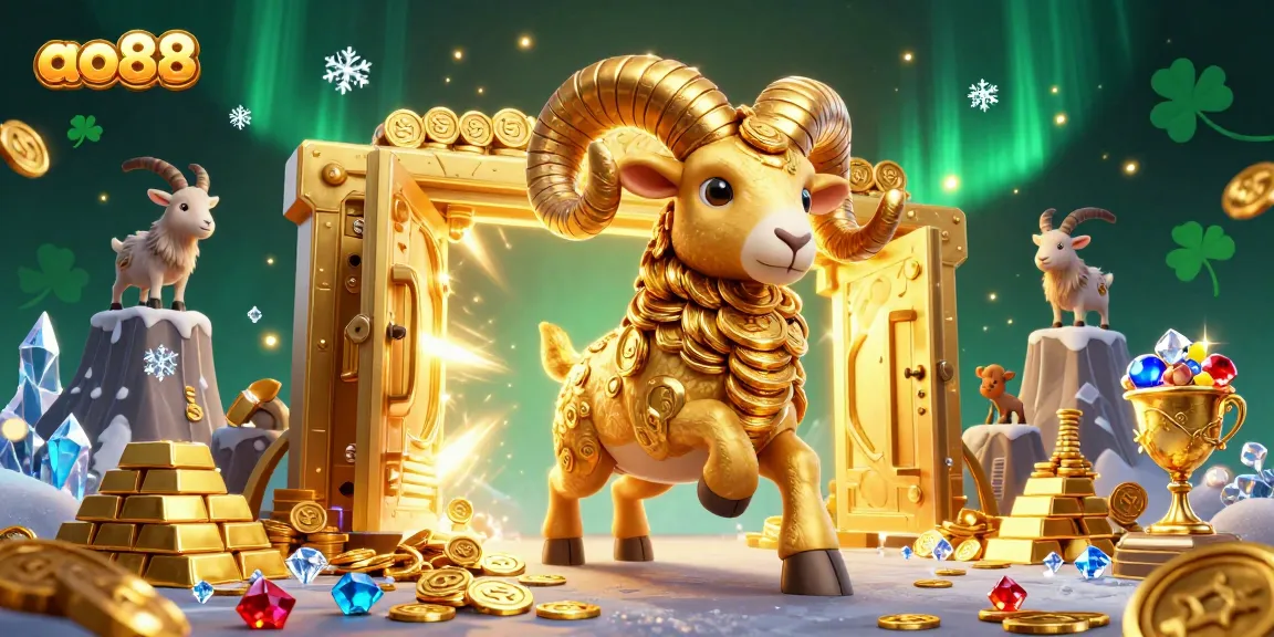 Engage with ao88's thrilling casino experience featuring a golden ram amidst a treasure vault scene.
