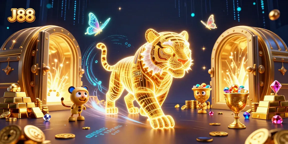 J88 showcases a thrilling digital casino scene with a golden tiger and treasure elements.