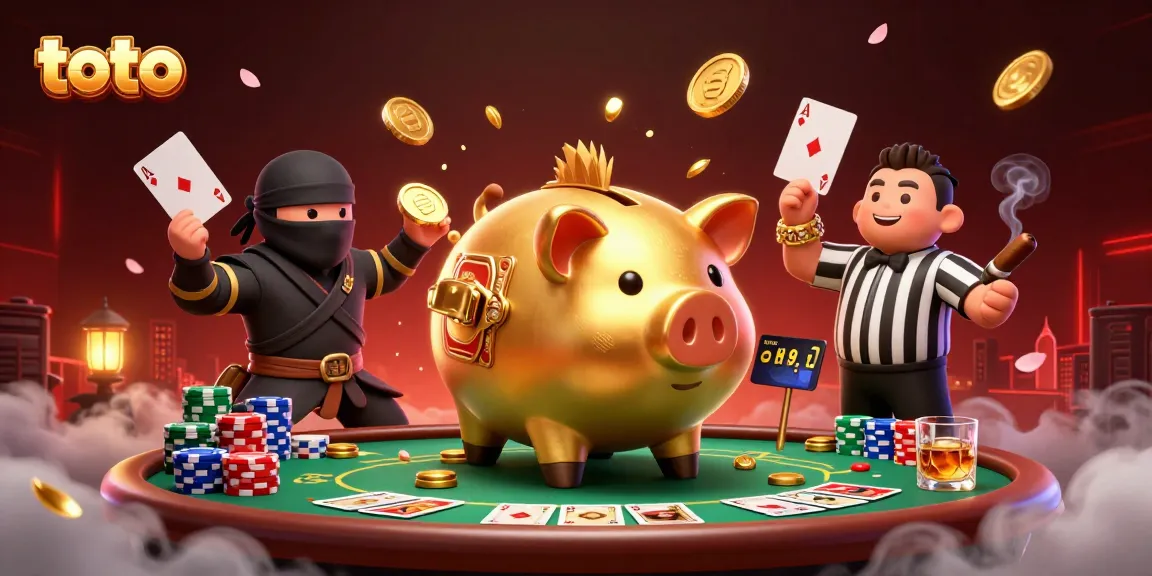 Permainan toto dengan piggy bank sumo menakjubkan memancarkan koin emas di atas meja poker.