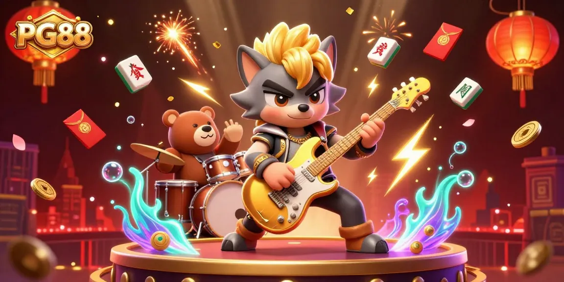 PG88 ignites excitement with a vibrant casino scene featuring a rock star wolf and drummer bear.