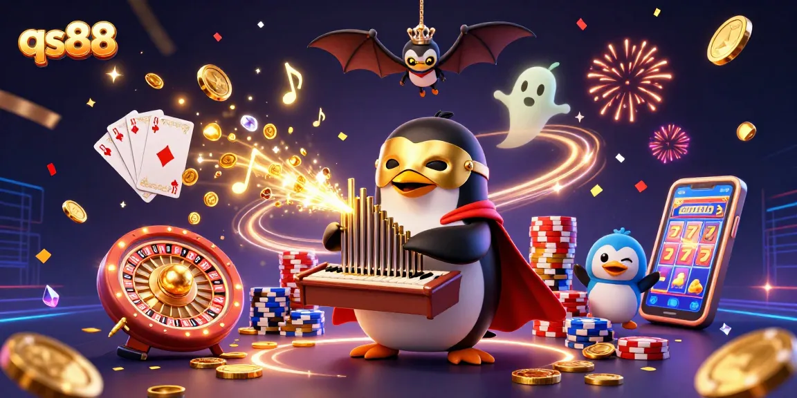 Win big with qs88 at this vibrant casino, featuring a golden penguin playing for jackpots.