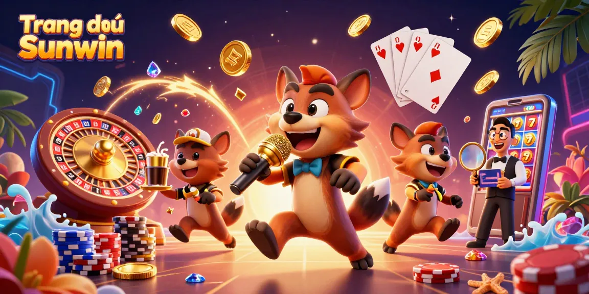 Engage with the thrilling entertainment at Trang chủ Sunwin featuring vibrant casino elements and lively hyena characters.
