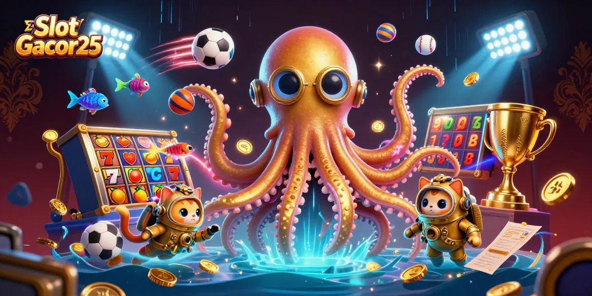 Slot Gacor25 menghasilkan kekayaan melalui slot menang besar dan simbol menarik dalam ilustrasi 3D.